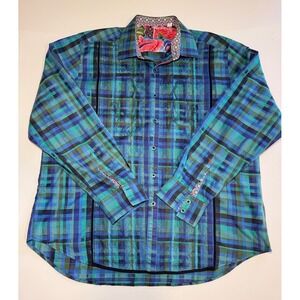 Robert Graham Mens Teal Blue Plaid Embroidered Button Down Shirt Size XXL